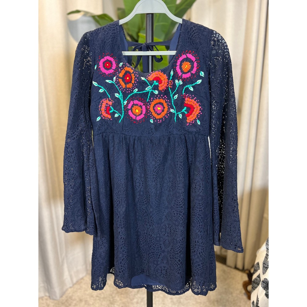 Navy Blue Lace Embroidered Floral Boho Mini Dress Bell Sleeve Tie Back